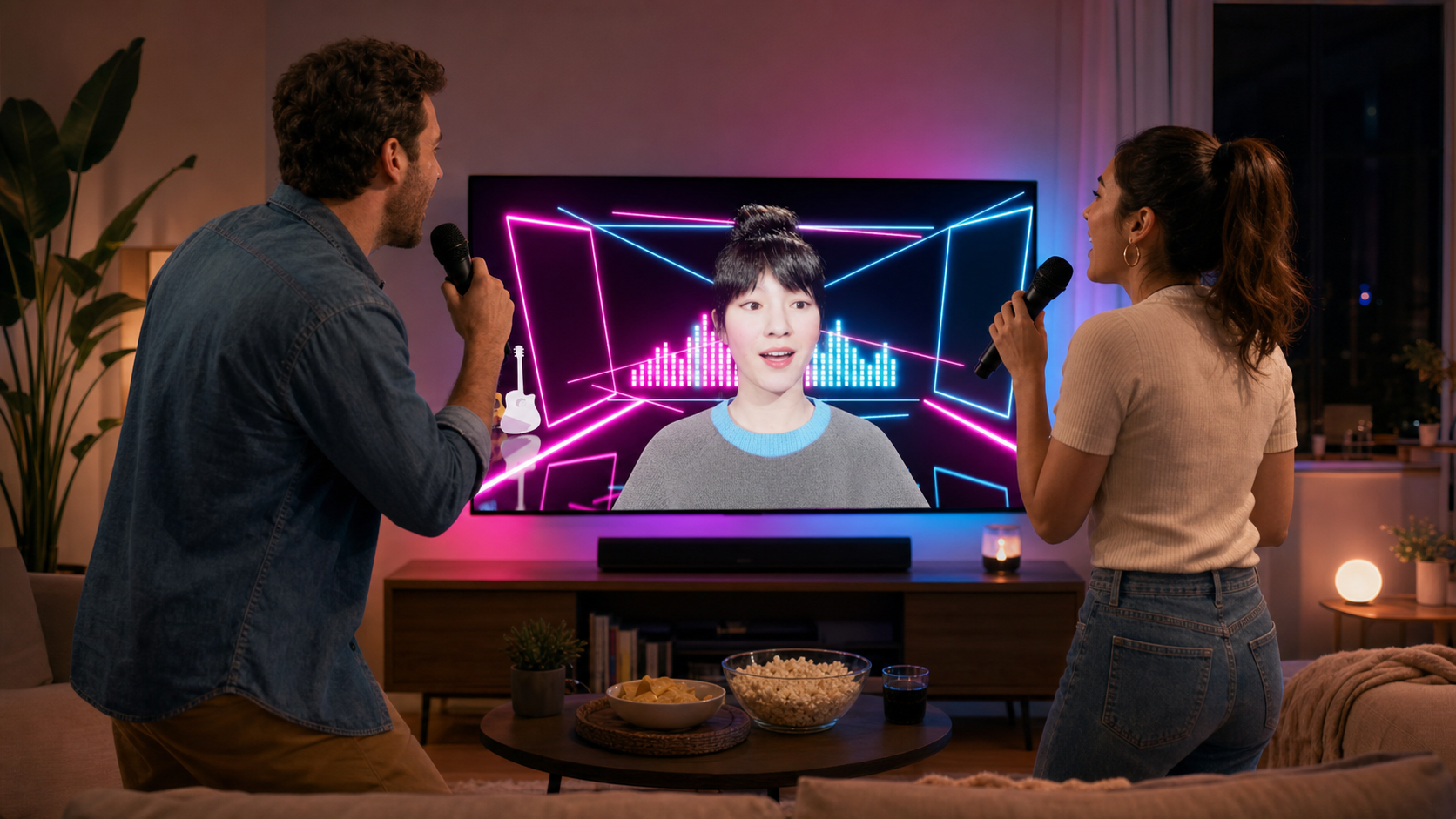 Two friends singing karaoke at home with Future Karaoke on the TV