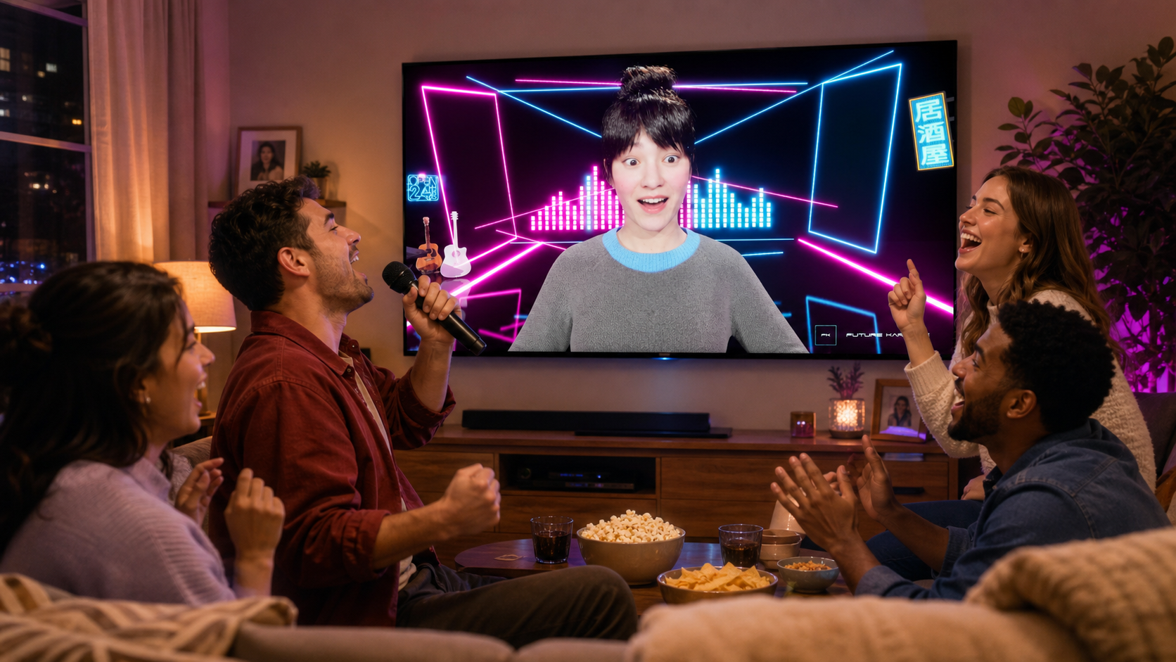 Friends at a home karaoke party with the AI presenter on the TV