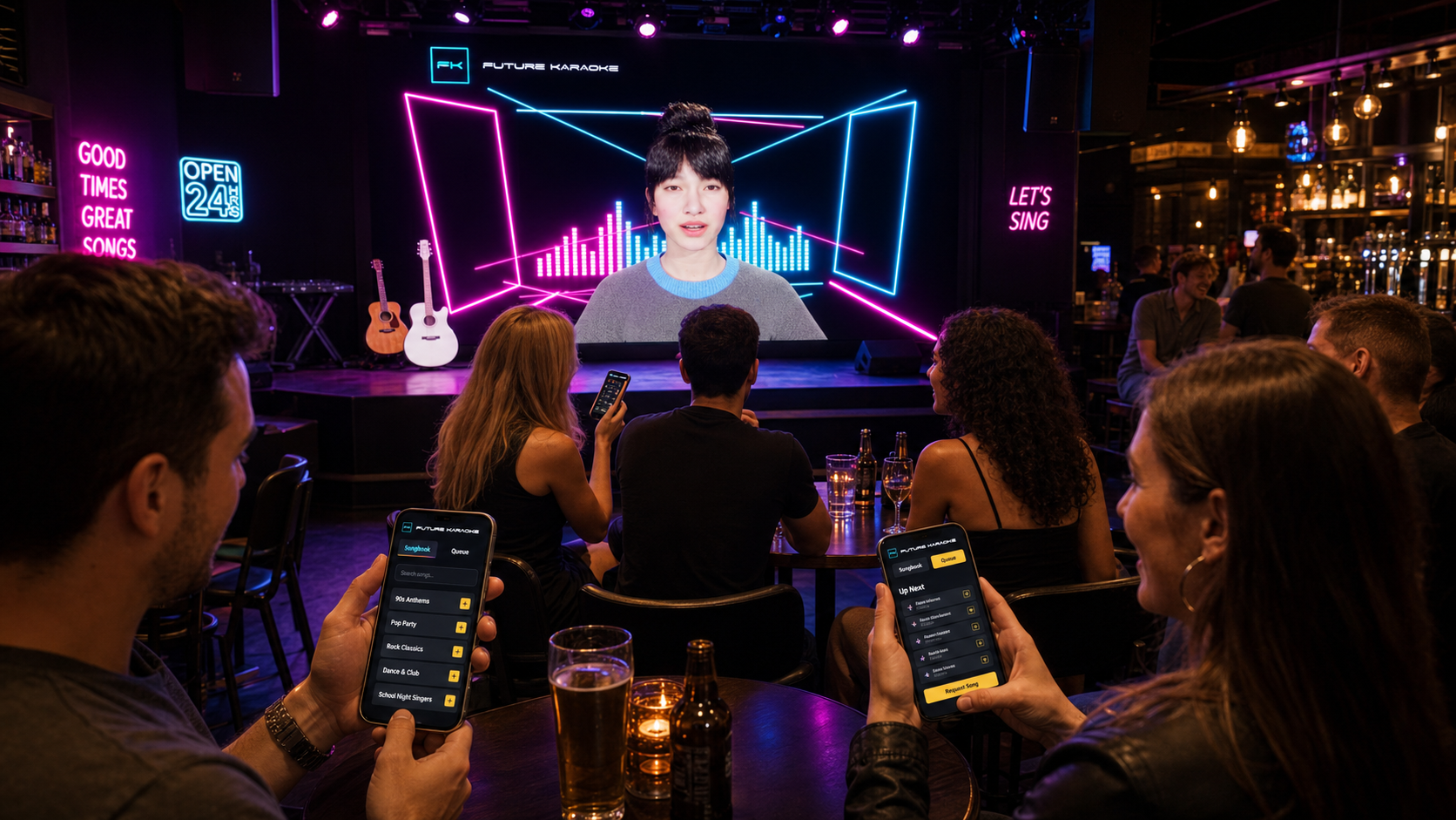 Bar guests choosing karaoke songs on phones while the Future Karaoke AI host fills the main stage screen