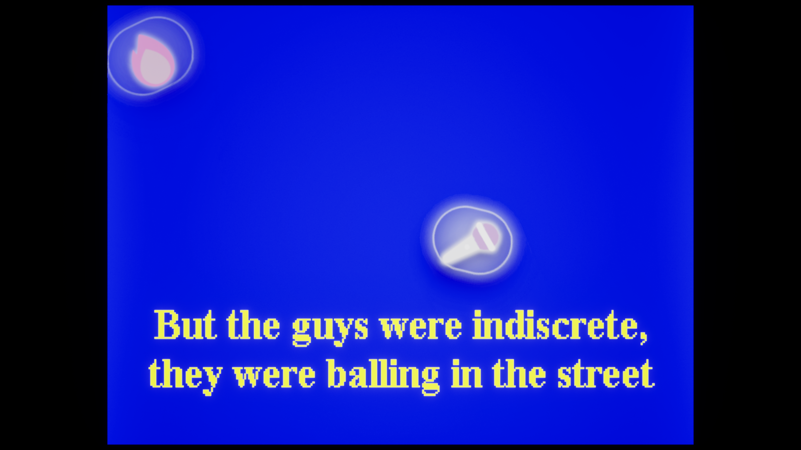 Blue karaoke lyrics screen with yellow pixel-style lyrics